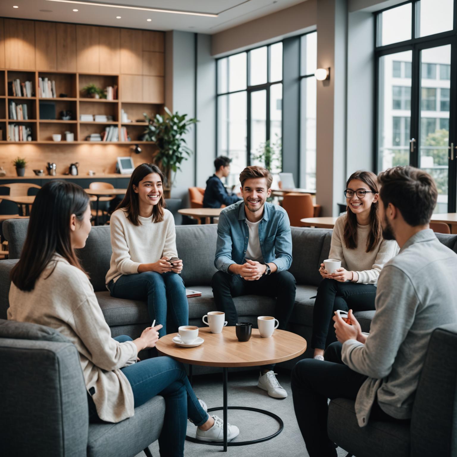 Students practising conversational English in a classroom setting